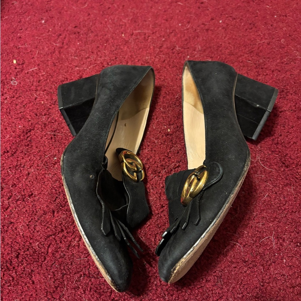 GUCCI MARMONT SZ 39 BLUE SUEDE SHOES NEEDS REPAIR GUC HEELS FRINGE GOLD GG - Picture 4 of 7